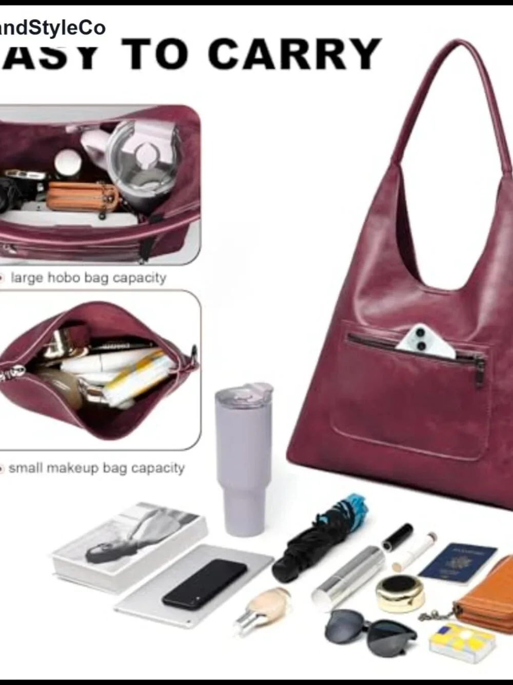 Vegan Leather Slouchy Hobo Shoulder Tote Bag with Makeup Pouch